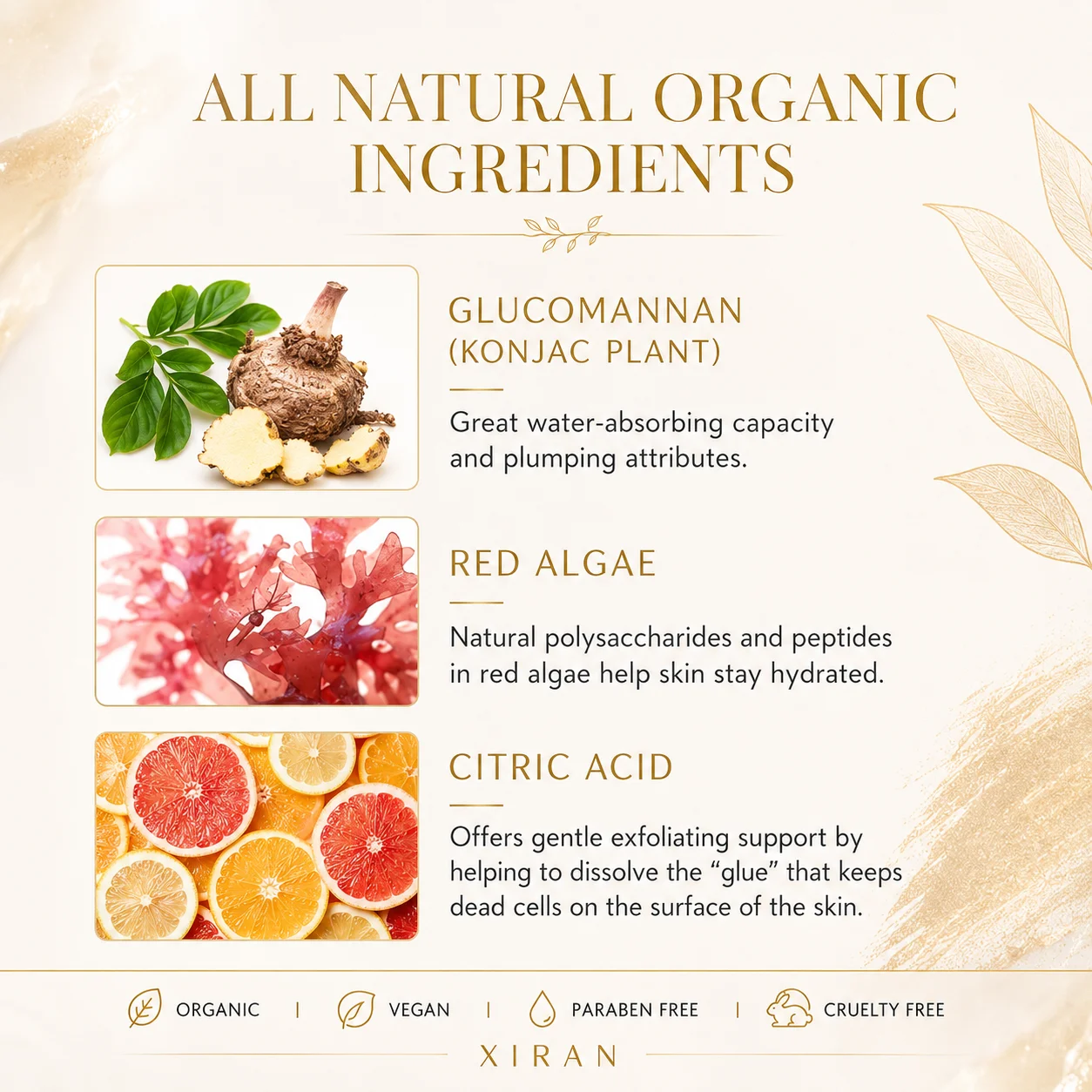 Infographic showcasing natural ingredients: glucomannan from konjac plant, red algae for hydration, and citric acid for exfoliation.